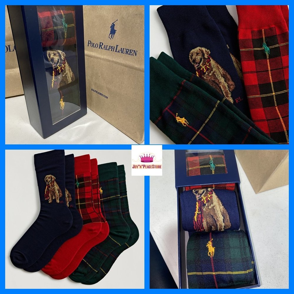 Polo Ralph Lauren Red Green Navy Blue Plaid Tartan Dog Sock 3-Pack Gift Box Set